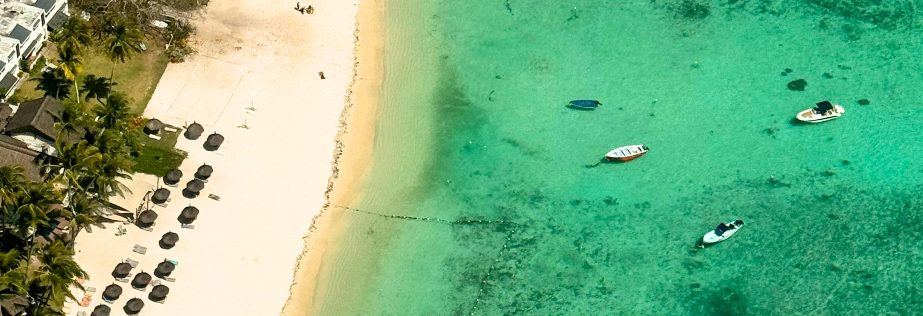 Bimini, Bahamas Beach Resort with White Sand and Crystal Clear Water Aerial view of a pristine white sand beach in Bimini with rows of beach umbrellas, palm trees, and boats anchored in crystal clear turquoise water