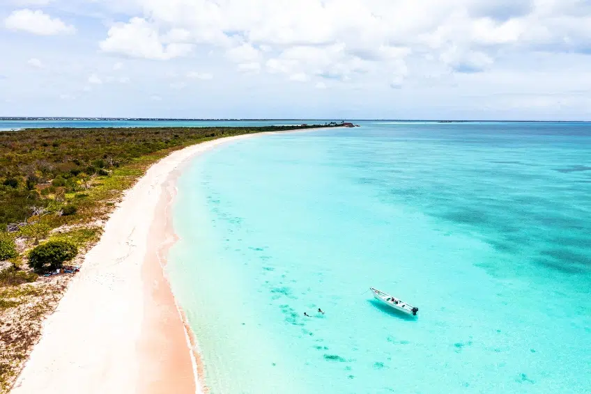 Harbour Island's famous pink sand beach with crystal clear turquoise water, swimmers, and a boat floating in the shallow bay