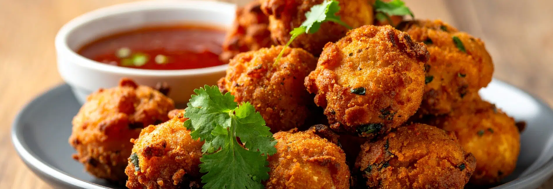 Golden fried conch fritters at a Bahamas restaurant garnished with fresh cilantro and served with spicy dipping sauce