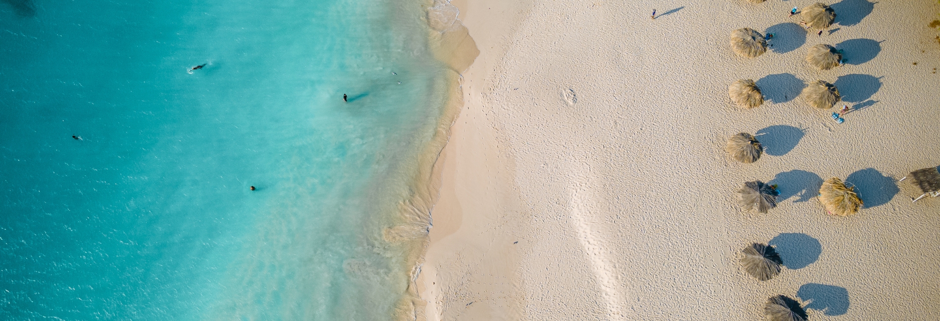 Eagle Beach, Aruba Aerial View with White Sand and Turquoise Water Aerial view of Eagle Beach in Aruba with pristine white sand, crystal clear turquoise water, swimmers, and rows of thatched palapas casting shadows on the beach