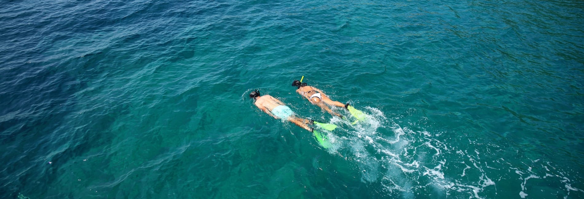 Aruba Snorkeling in Crystal Clear Turquoise Water Aerial view of couple snorkeling in crystal clear turquoise water in Aruba wearing yellow and green fins while exploring the Caribbean Sea