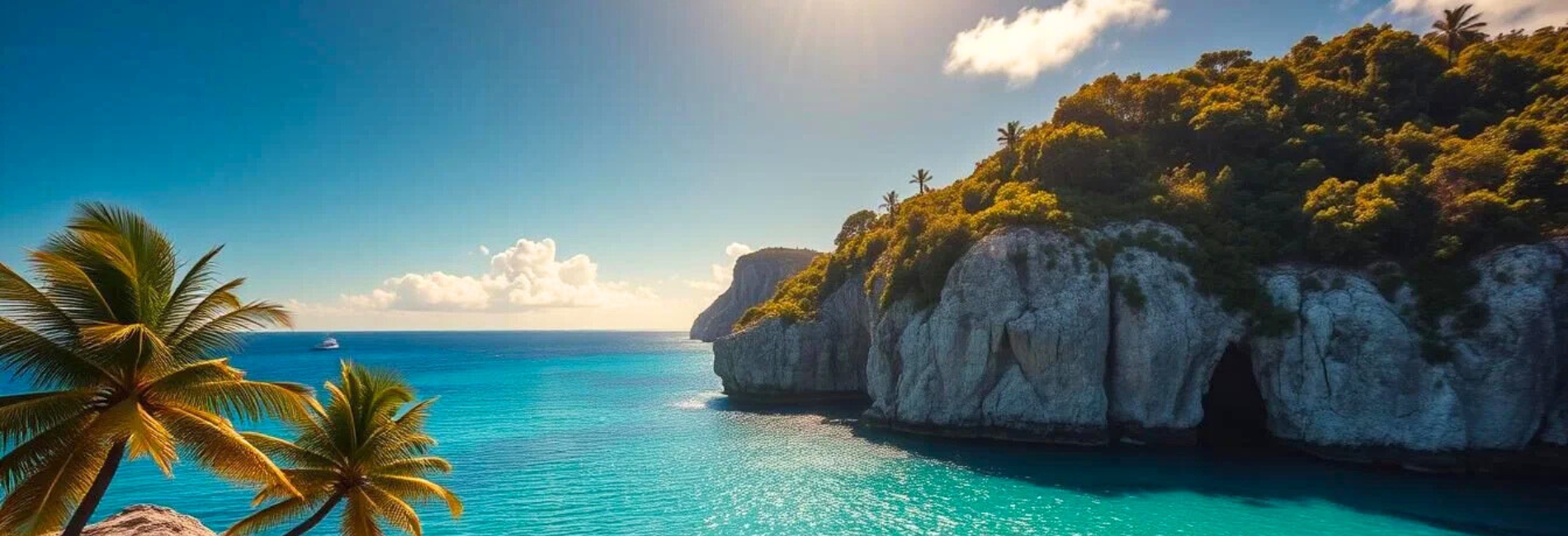 Cayman Islands Scenic Coastline with Limestone Cliffs and Turquoise Water Stunning coastal scenery in the Cayman Islands with dramatic limestone cliffs topped with lush green vegetation, palm trees, and crystal clear turquoise Caribbean water